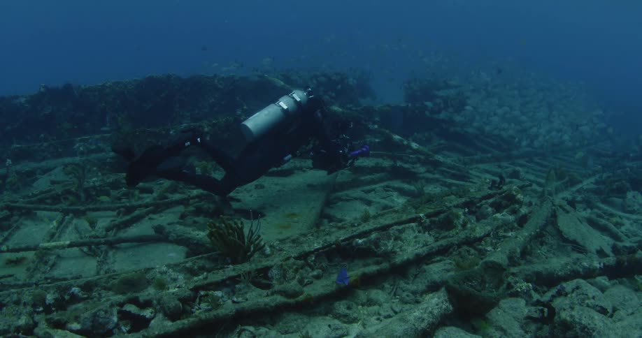 A scuba diver swims above a sunken ship