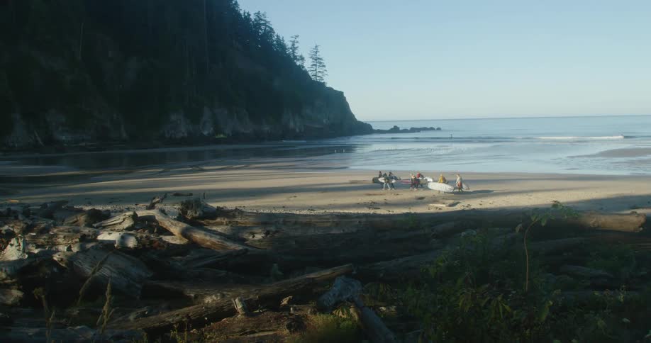 A group of female surfers carrying surfboards walks on the beach next to cliff