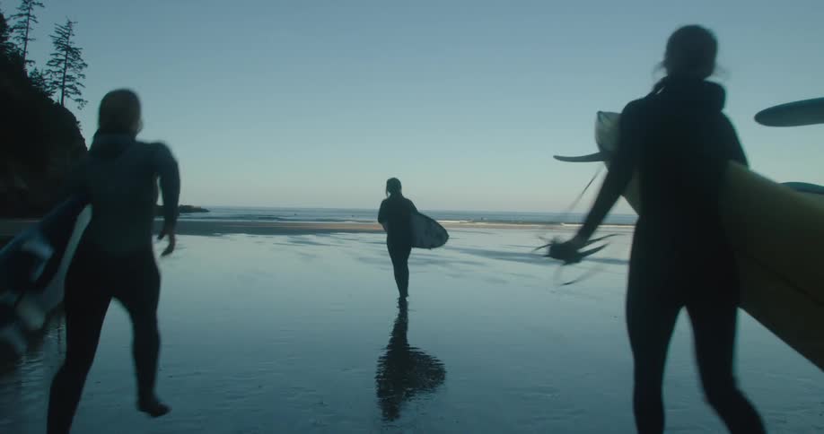 A group of surfers carrying surfboards running to the sea is silhouetted against the sky at dusk