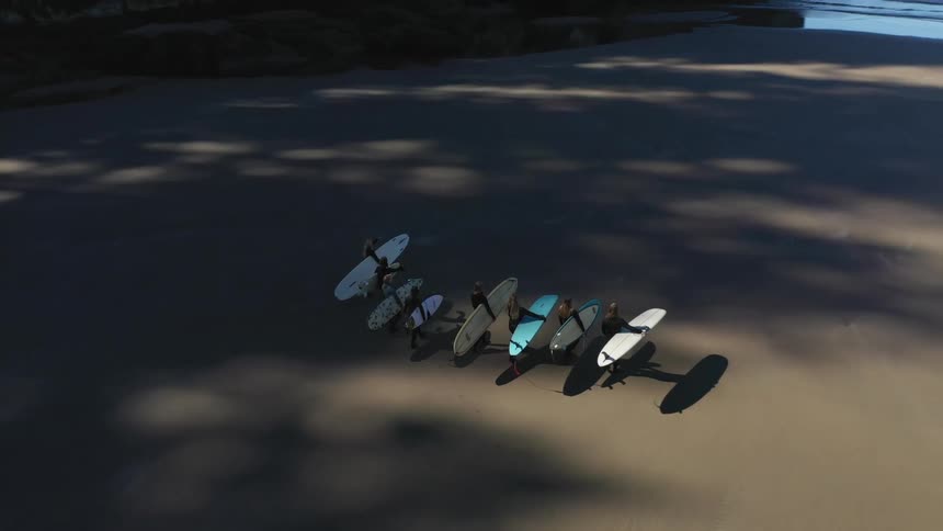 Aerial view of a group of surfers walking to the beach with their surfboard