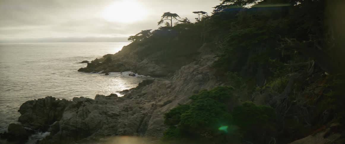 Aerial view of a coast is displayed at dusk