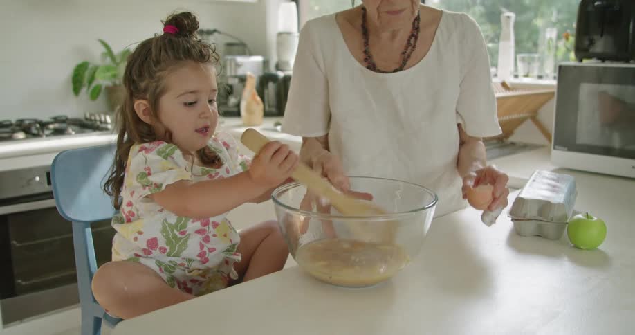An older woman is teach a little girl how to stir ingredients in a bowl