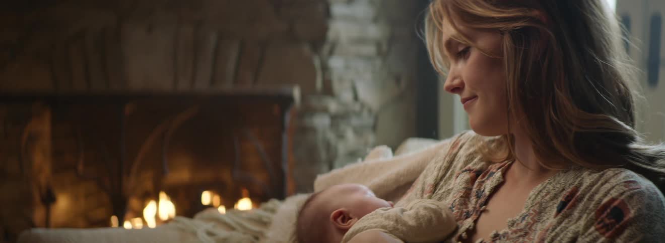 A woman rocks her baby to sleep while sitting on a couch near a fire