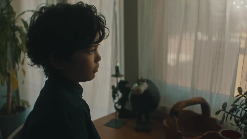 A boy stands near the front window of his house and looks outside