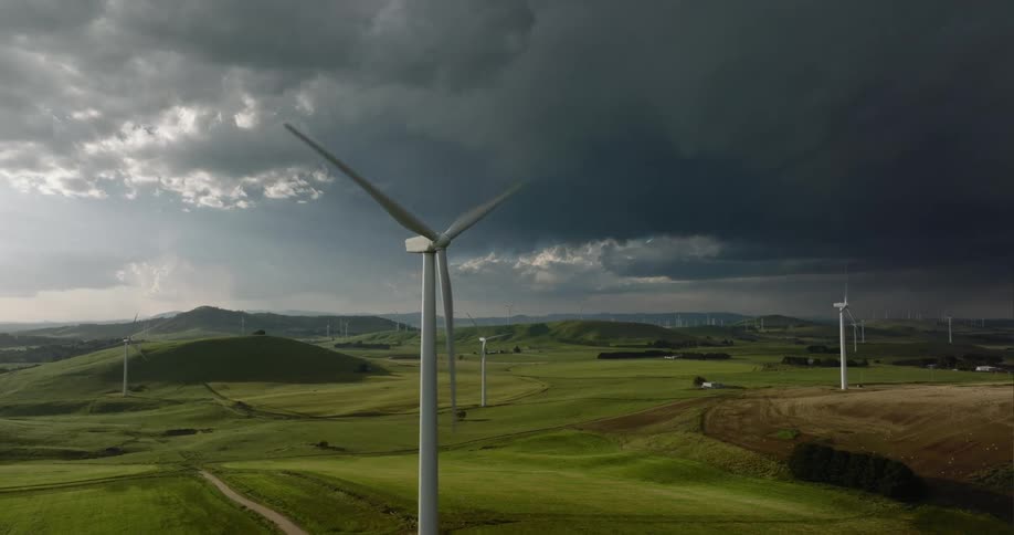 Dark storm clouds over a field with wind turbines