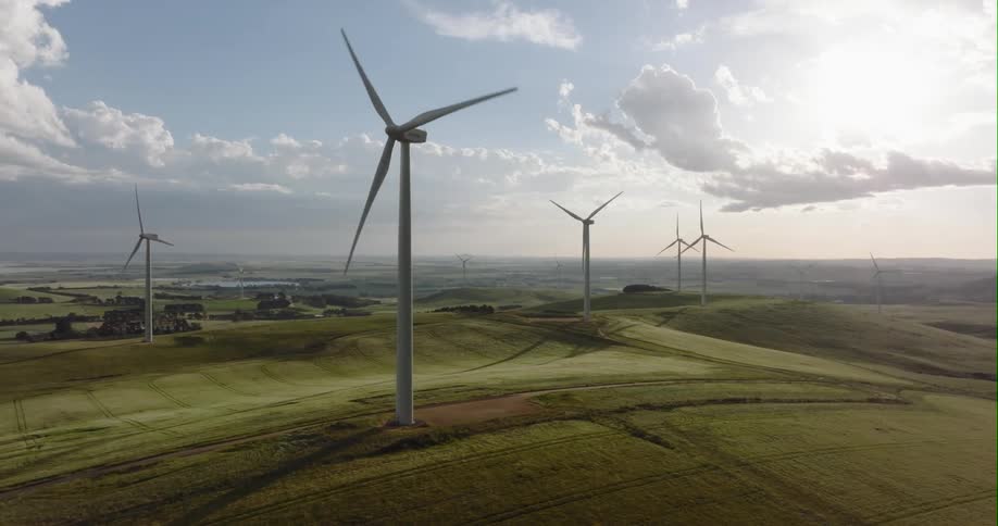 An aerial view of windmills outdoors