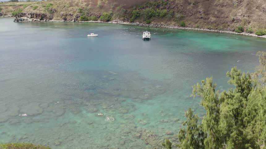 Boats sit near shore in translucent green tinted water that allows glimpses of surface underneath
