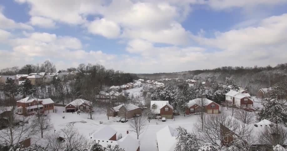 Snow covers the trees and rooftops of a residential area
