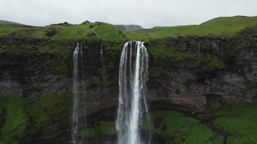 The birds fly around the waterfall