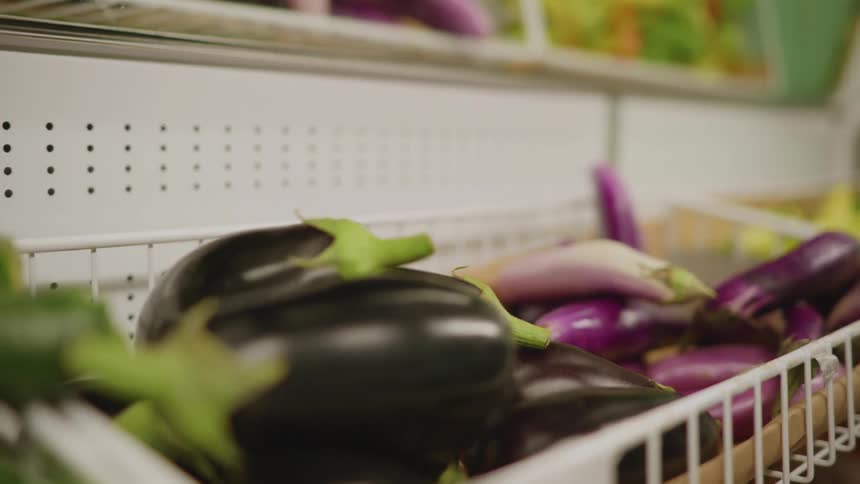 Eggplants sit in bins in a market divided by shade