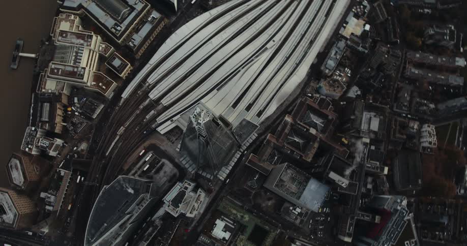 Aerial view of a city with traffic on the streets