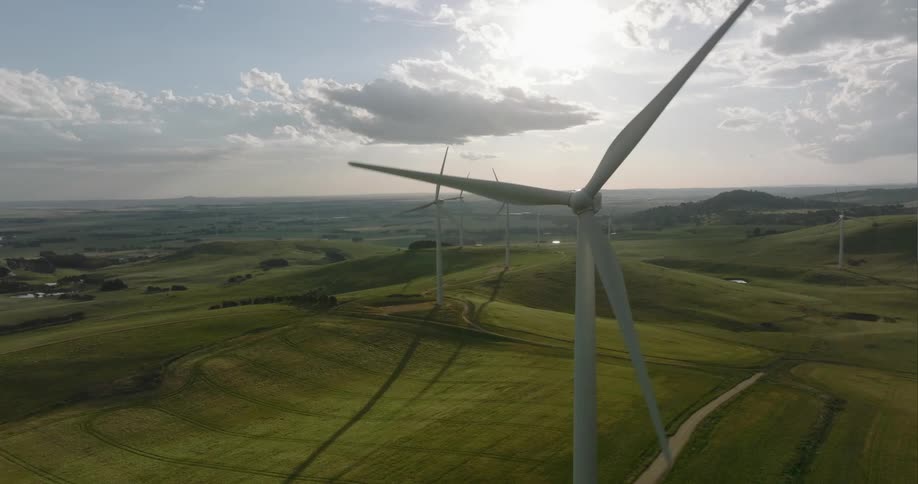 Aerial view of wind turbines on wind farm