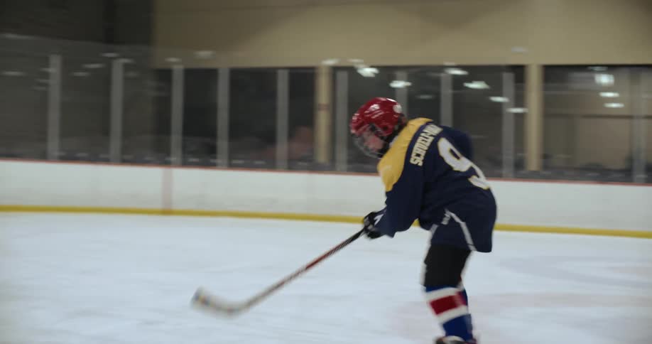 A girl cheers as she hits a hockey puck into the net as she plays with friends