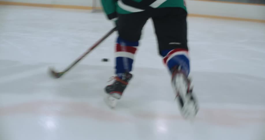A girl uses a hockey stick to move a puck on the ice and into the goal
