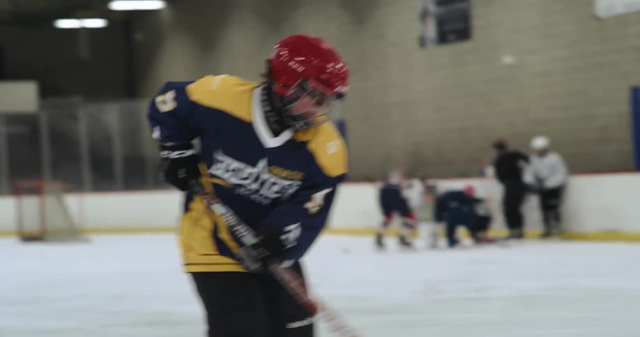 Hockey teammates congratulate a player after making a shot