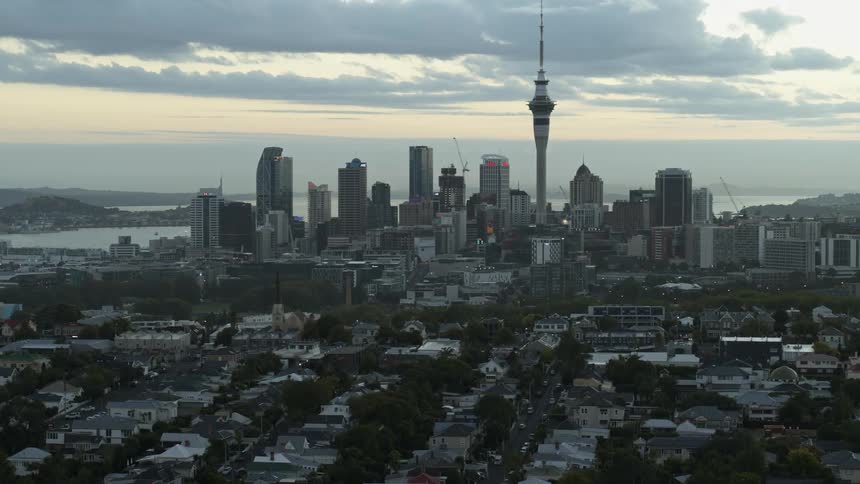 Aerial view of high rise office buildings with skyscraper at dawn