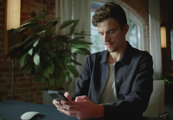 A man types on his smartphone while sitting at a computer desk