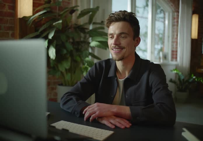 A man is sitting at a desk with a computer having a video conference