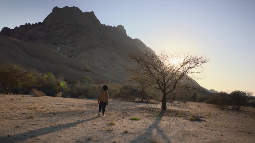 Woman walks in the desert to a tree with mountain in the background at sunset