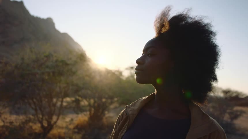 A woman with afro gazes out over the mountain in the desert