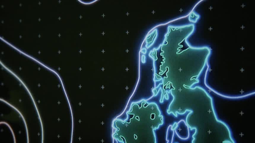 A display has islands and pulsating lines moving all around them