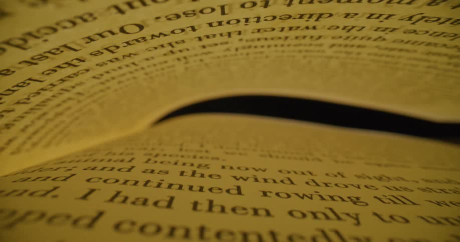 Words in a book with a page being turned