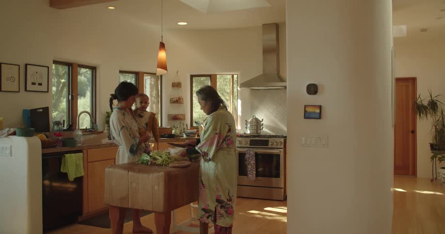 An elderly woman stands in a kitchen and cuts vegetables when her daughter walks in carrying her grandson