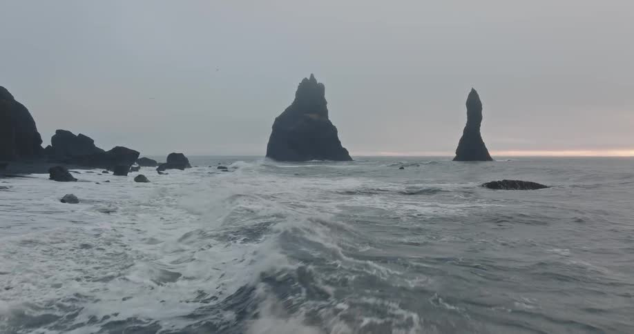 A bird flies over the rocks on the shore