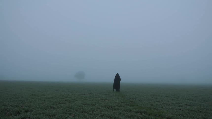 Person wearing head covering and robe stands in field on windy day as dense fog obscures trees