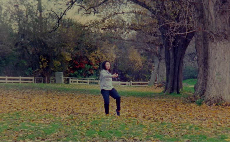 A woman exercises in a grassy area as cars drive past