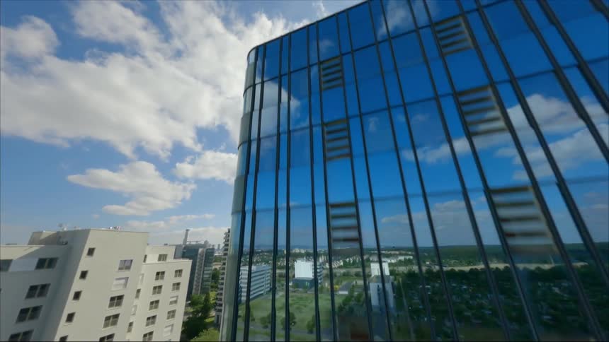 Anaerial view of high rise office buildings in a downtown area