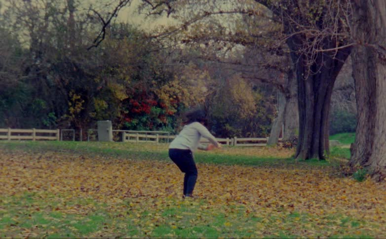 Woman dancing over the leaves over the grass on a park near the highway