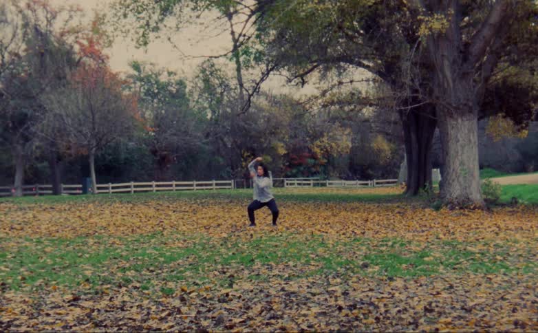 A woman is outside practicing tai chi in a yard full of fall colored leaves