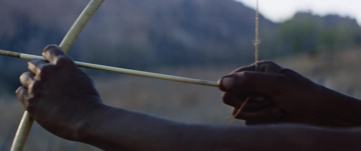 Man draws bowstring back as he aims arrow