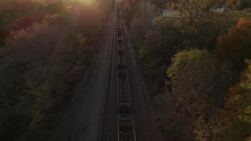 Train moves along tracks passing buildings in field among trees