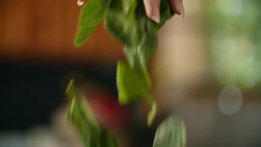 Womans hand drops spinach leaves in the kitchen