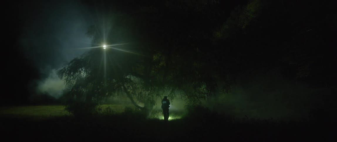 An officer searches a green field with a flashlight at night