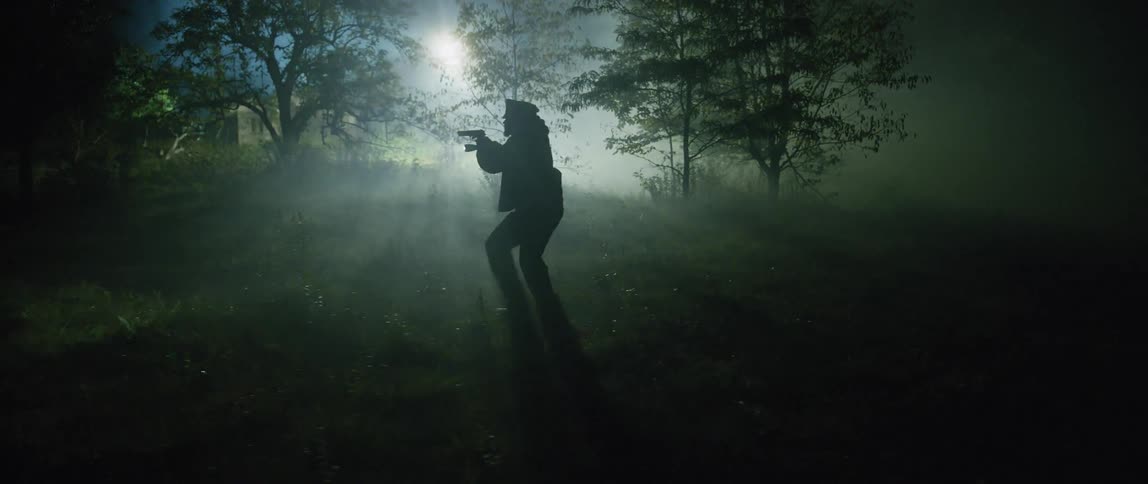 An officer is walking along a grass field at night with gun drawn