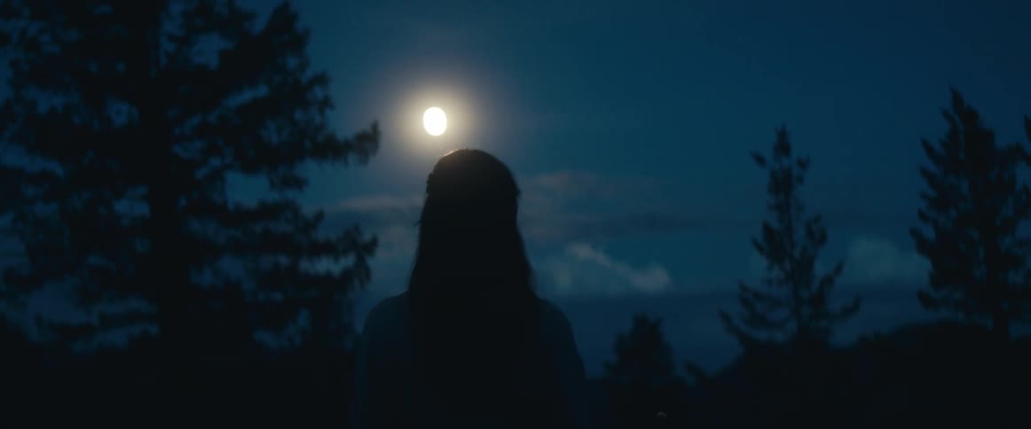 A woman with long dark hair is outside looking at the full moon