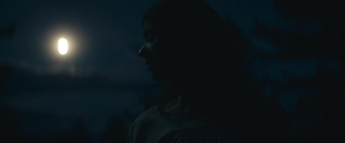 Woman with wavy hair and white dress looks over her shoulder as the moon shines in the background at night