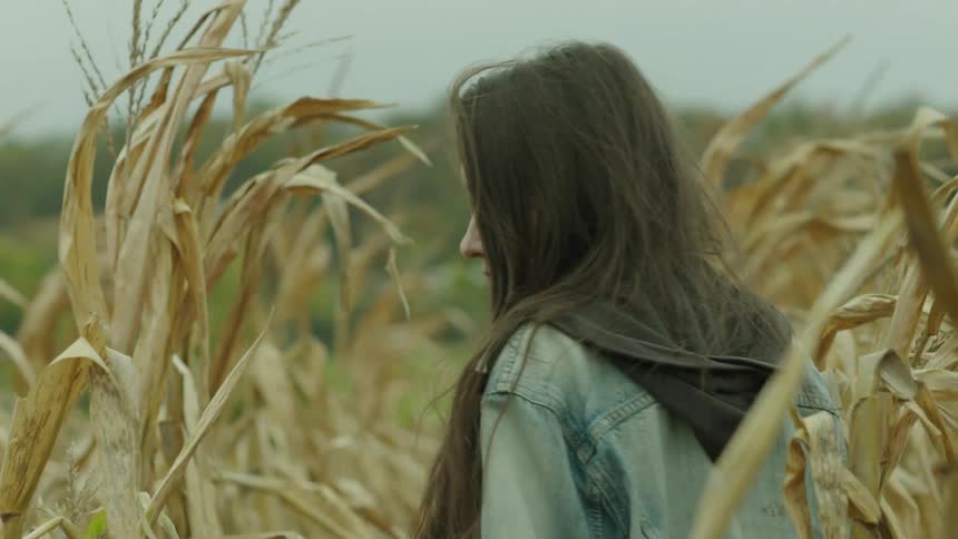 A woman walking in a cornfield