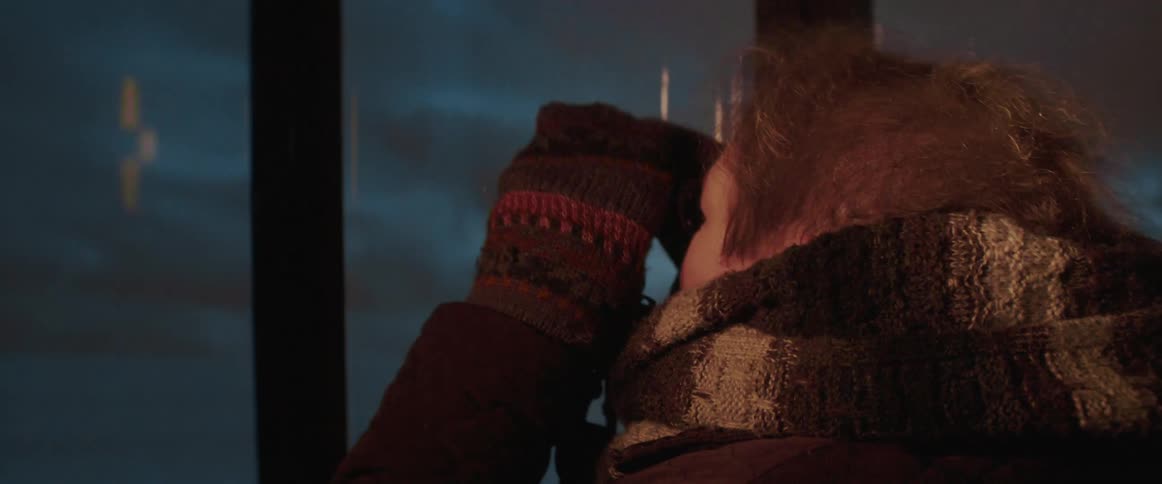 An elderly couple looking through a window with binoculars on a cold winter night