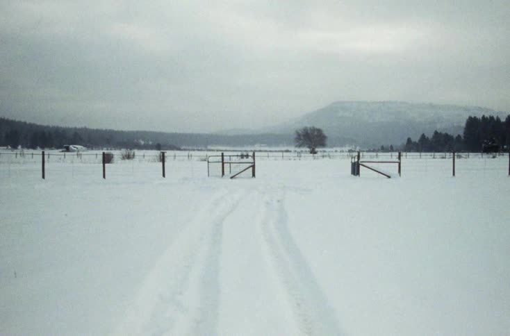 Tire tracks reach gate in pasture fence with farmhouse near forest and mountain on the horizon