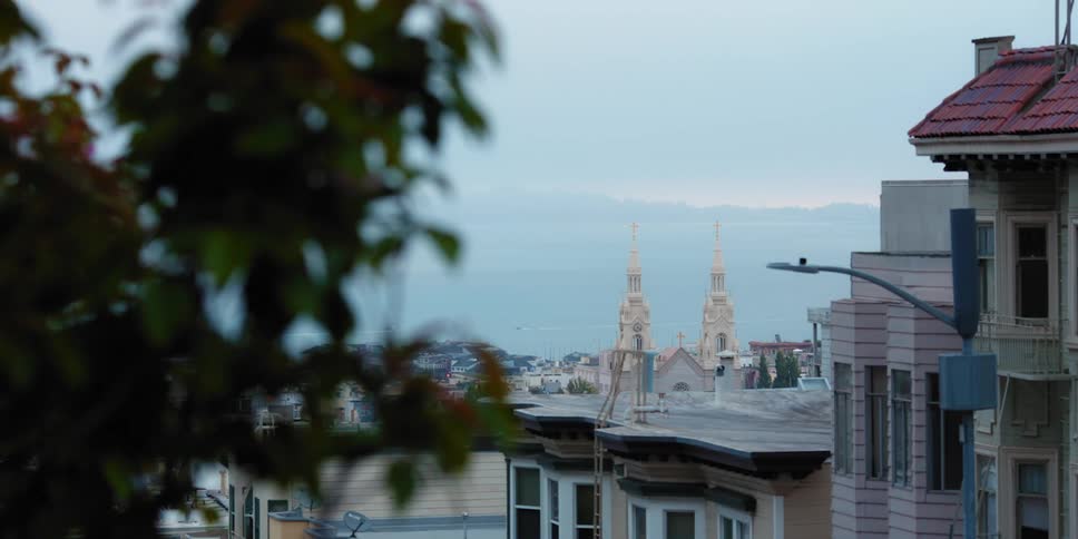 Buildings of varying heights fill a neighborhood along the coast
