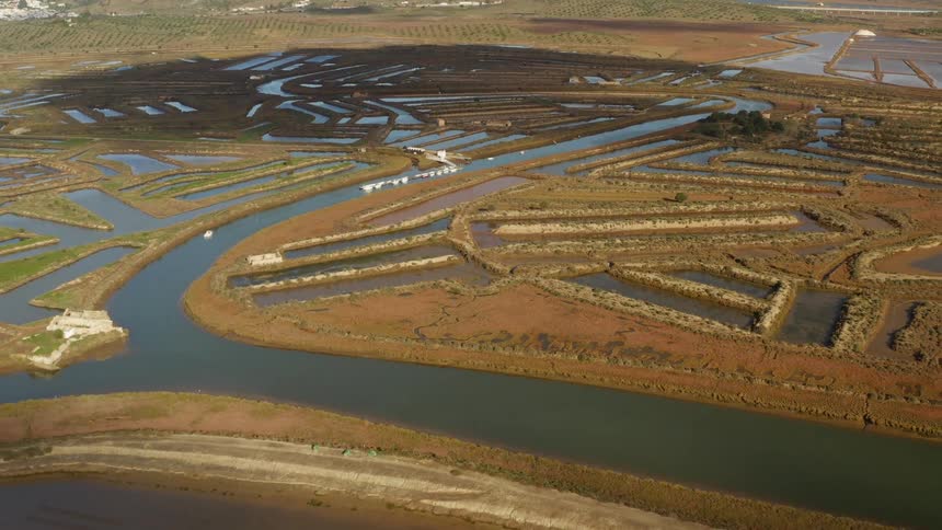 Aerial view of canals on the farmland at daytime