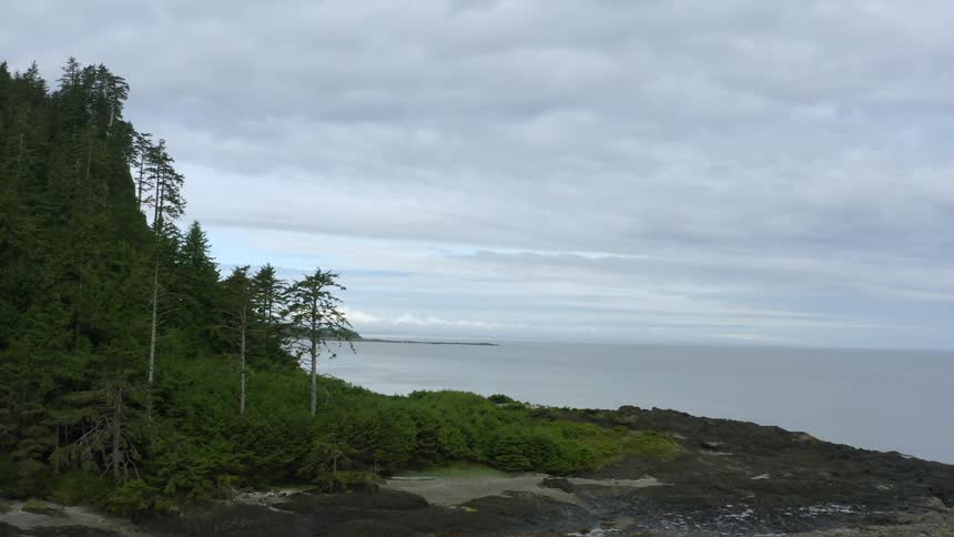 Forest covered mountain sits near shore under heavily clouded sky