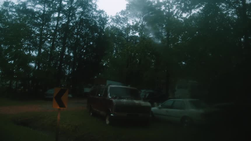 Cars are parked in a lot in a wooded area