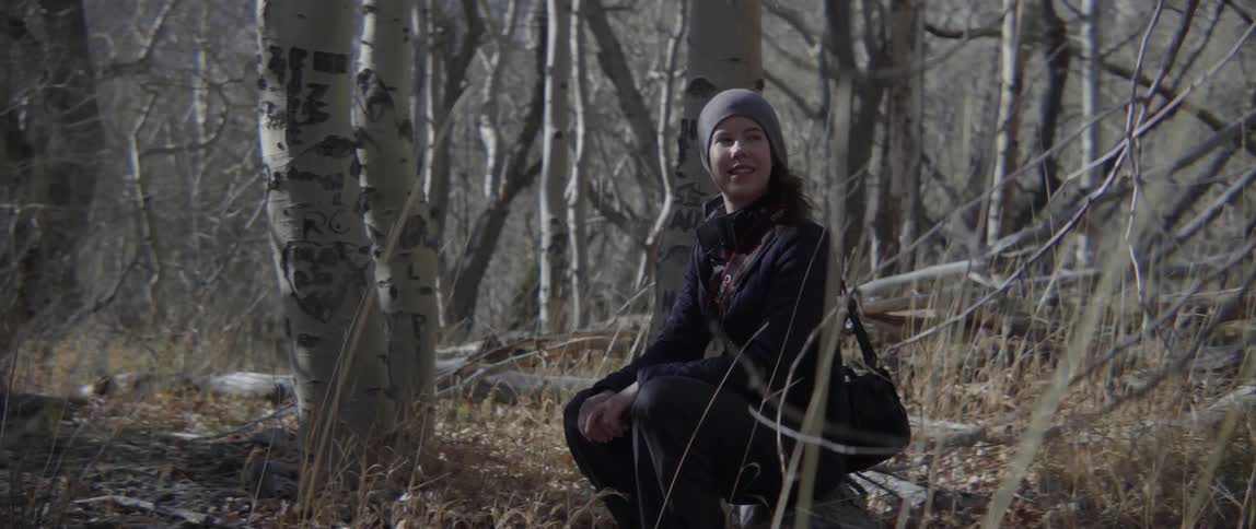 Woman sitting alone in forest clearing with peaceful reflective natural mood.