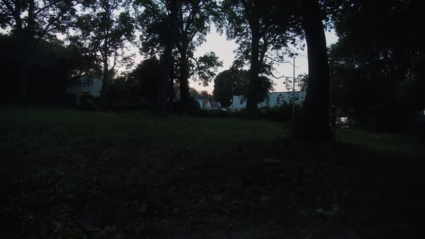 People walk through the park at sunset