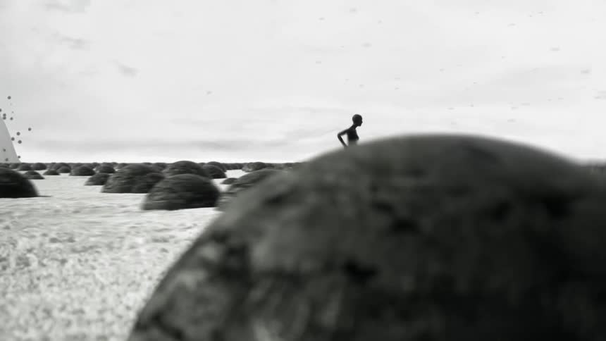 A dark figure sprints through a strange landscape as mountains spring upwards in the distance